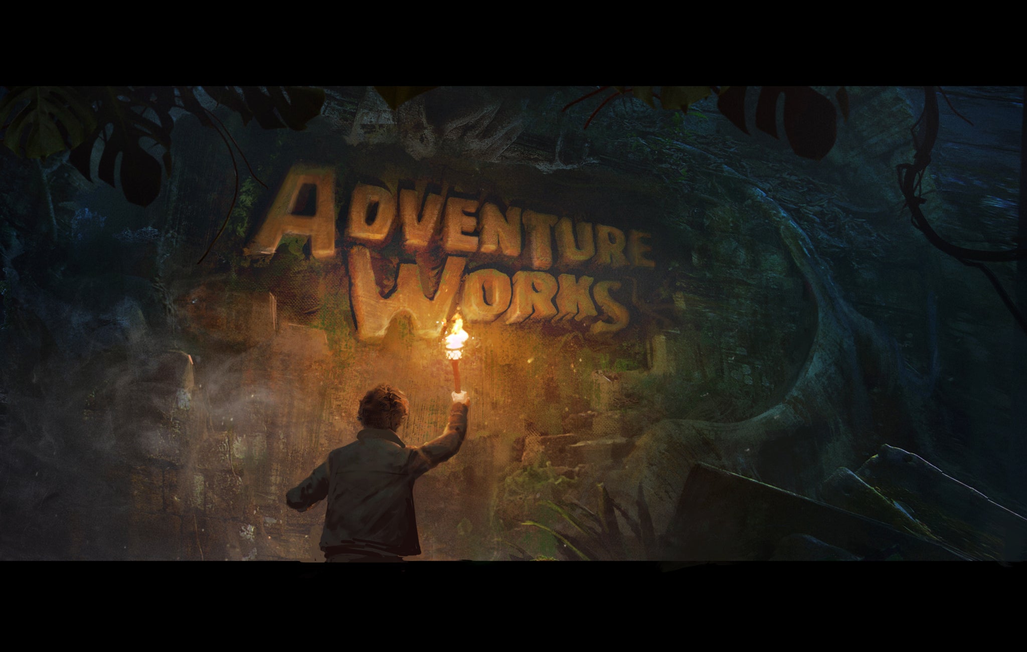 Illustration of an explorer holding a torch lamp next to the Adventure Works logo as he discovers it. Adventure Works is a boutique software and game company.