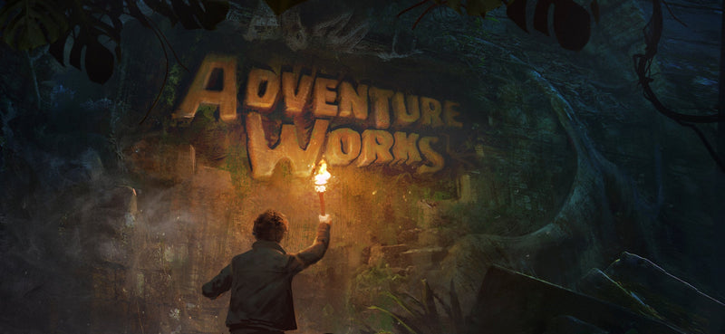 Illustration of an explorer holding a torch lamp next to the Adventure Works logo as he discovers it. Adventure Works is a boutique software and game company.