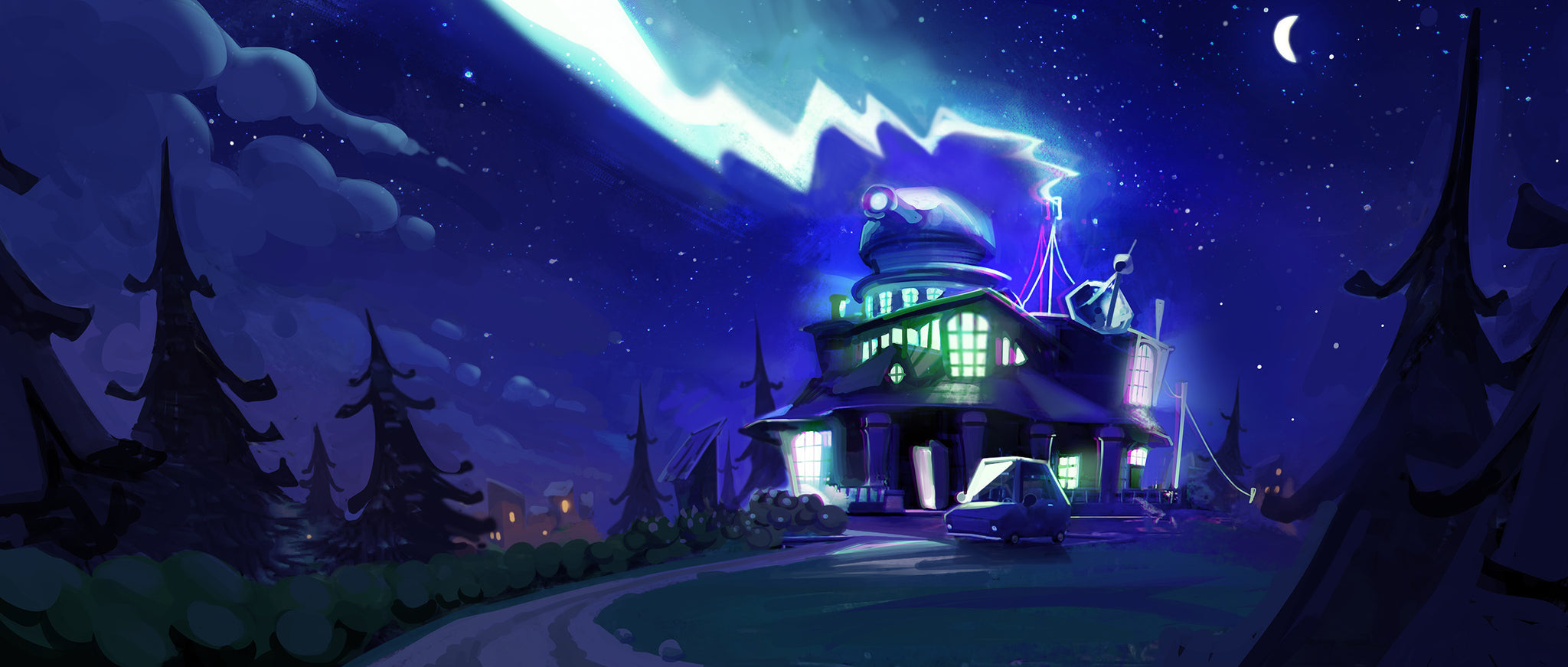 LIFTED official game concept art - Professor Raventhorpe's house at night with aurora by Tibor Sulyok